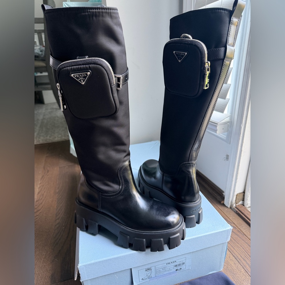 Prada Monolith Nylon Zip-Pocket Platform Riding Boots - Picture 10 of 11